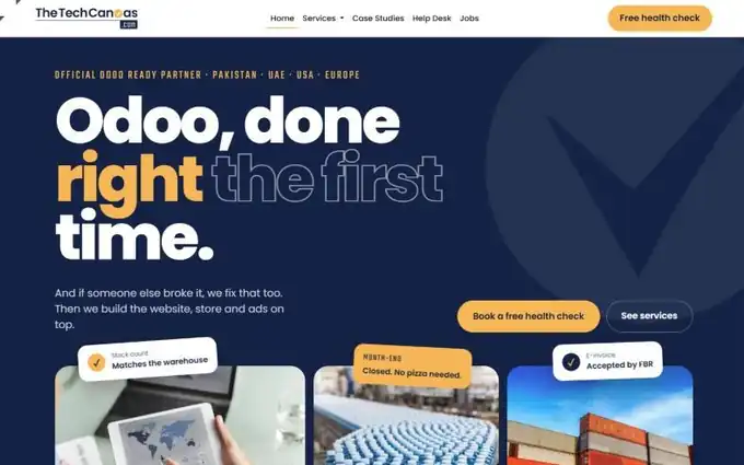 TheTechCanvas website homepage, a B2B website built on Odoo